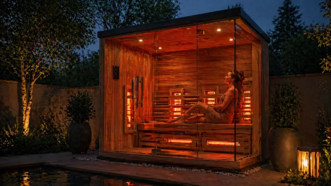 Person relaxing inside infrared outdoor sauna with red glow and glass front