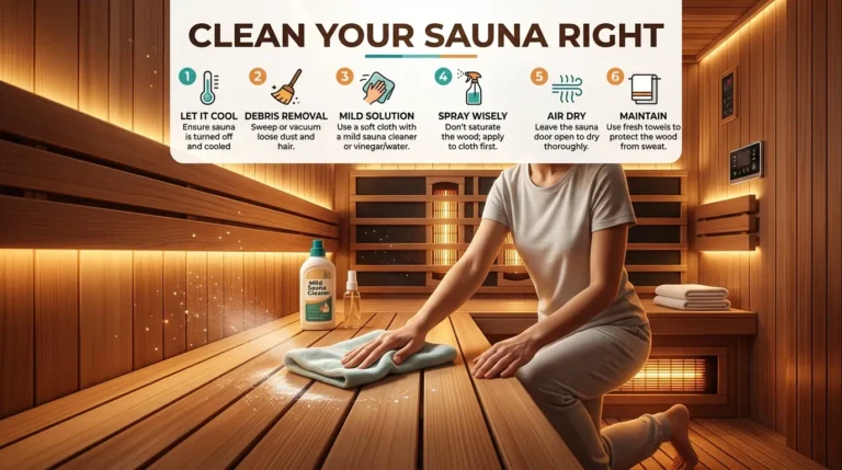 Person cleaning a wooden infrared sauna bench with a cloth inside a home sauna with visible text overlay.