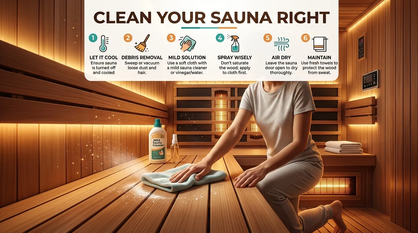 Person cleaning a wooden infrared sauna bench with a cloth inside a home sauna with visible text overlay.