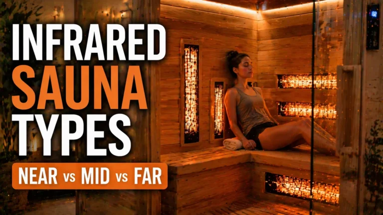 Person sitting inside an infrared sauna with labeled near, mid, and far infrared types displayed.