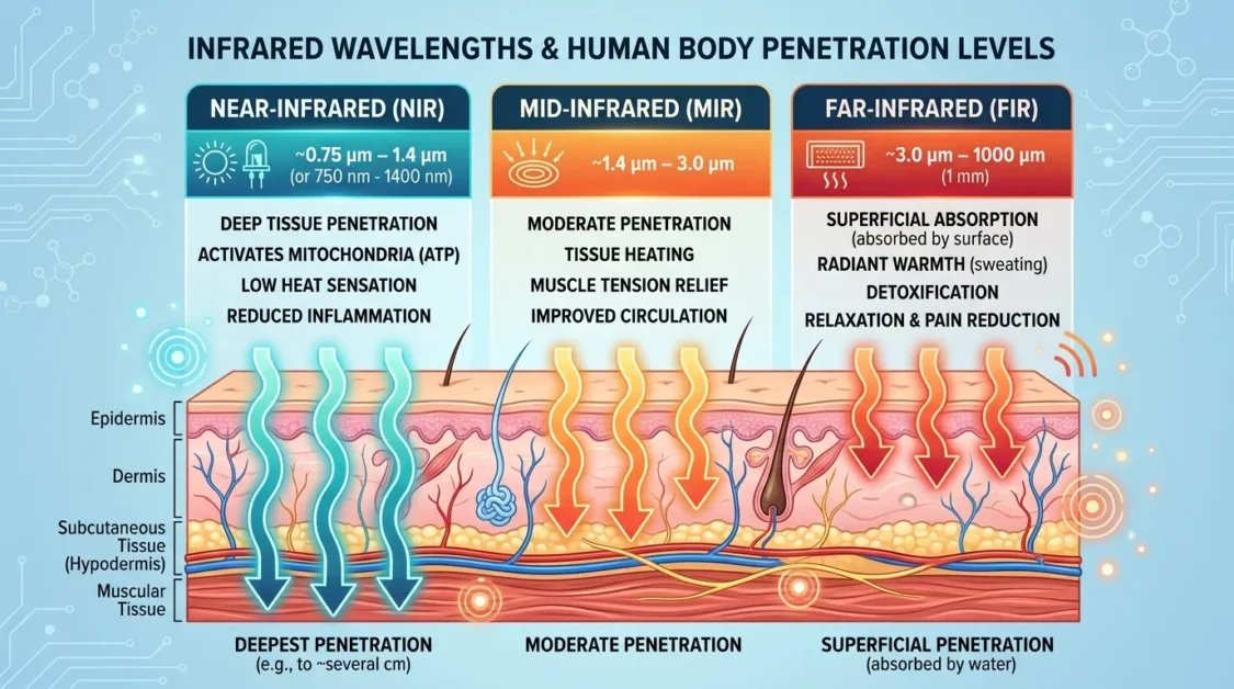 Types of Infrared Saunas: Full Guide to Near, Mid & Far Infrared 2 Infographic showing near, mid, and far infrared wavelengths with different levels of penetration into the human body