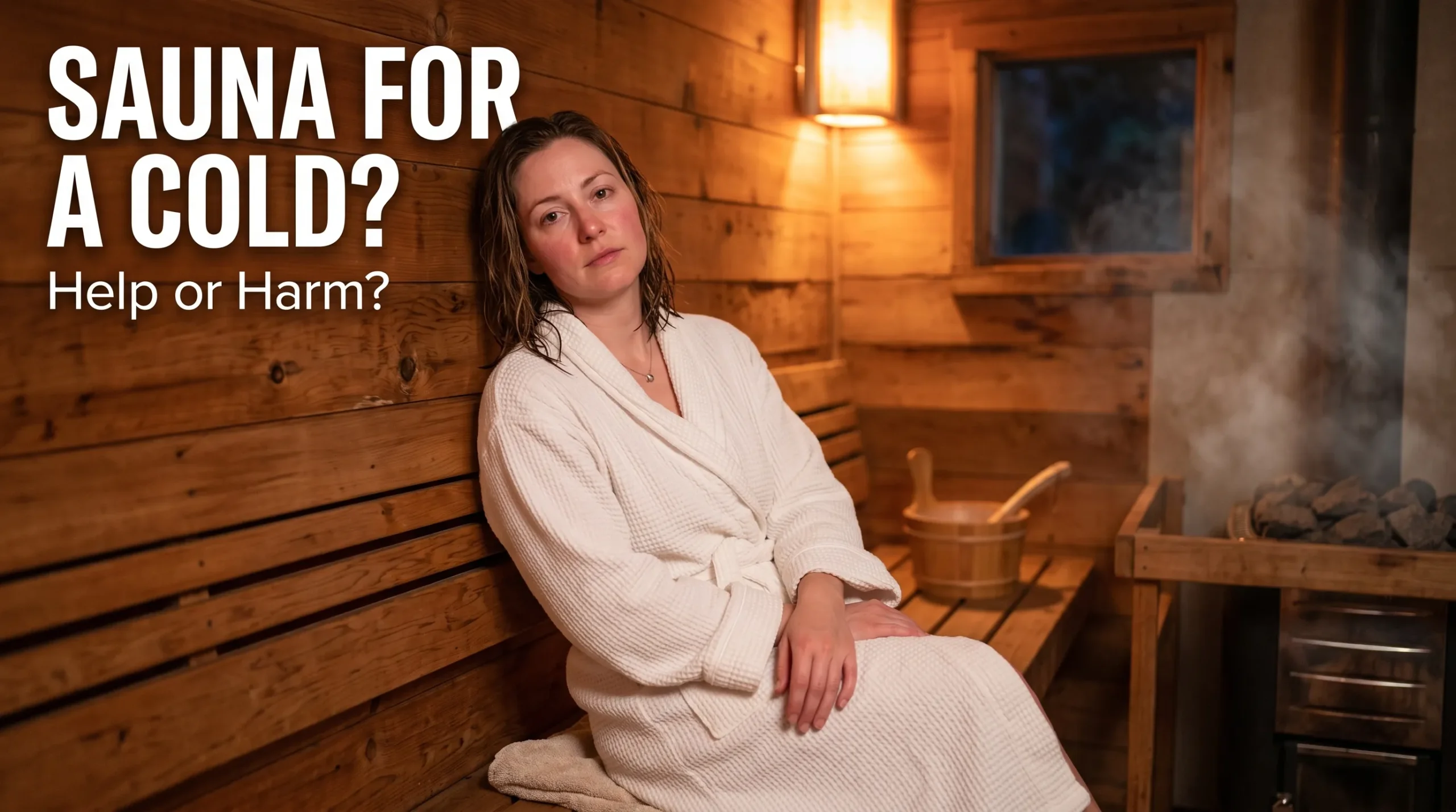 Person sitting in a sauna while sick with text overlay asking if sauna helps a cold