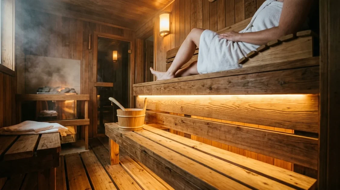 Warm LED strip lighting installed under a sauna bench with soft glow