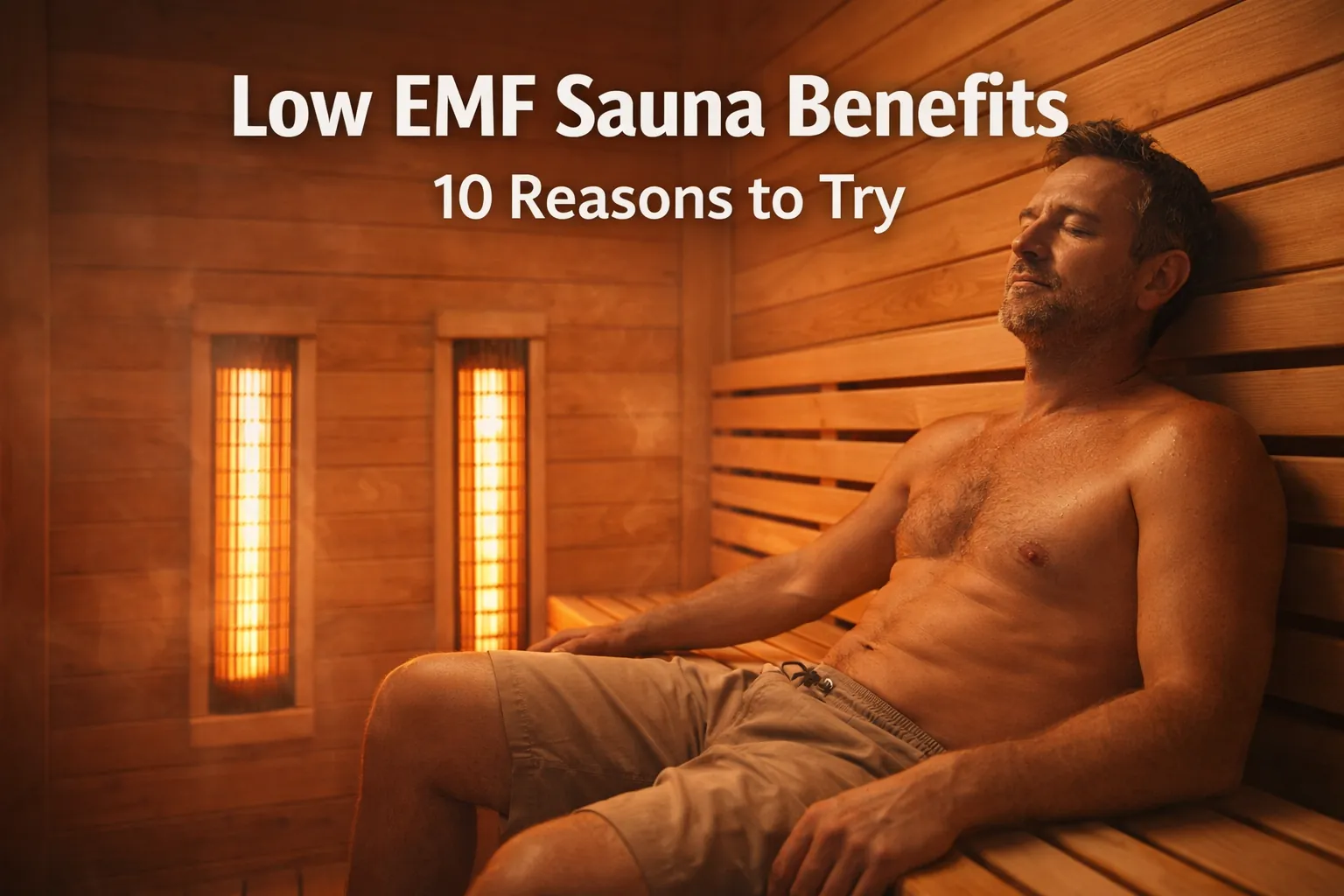 Person relaxing inside a low EMF infrared sauna with warm lighting and benefit-focused title overlay.