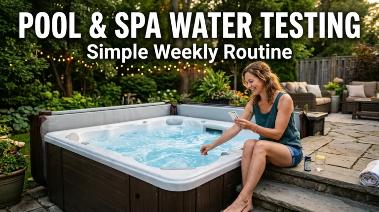 Homeowner testing clean hot tub water on a backyard patio with text about maintaining water cleanliness.