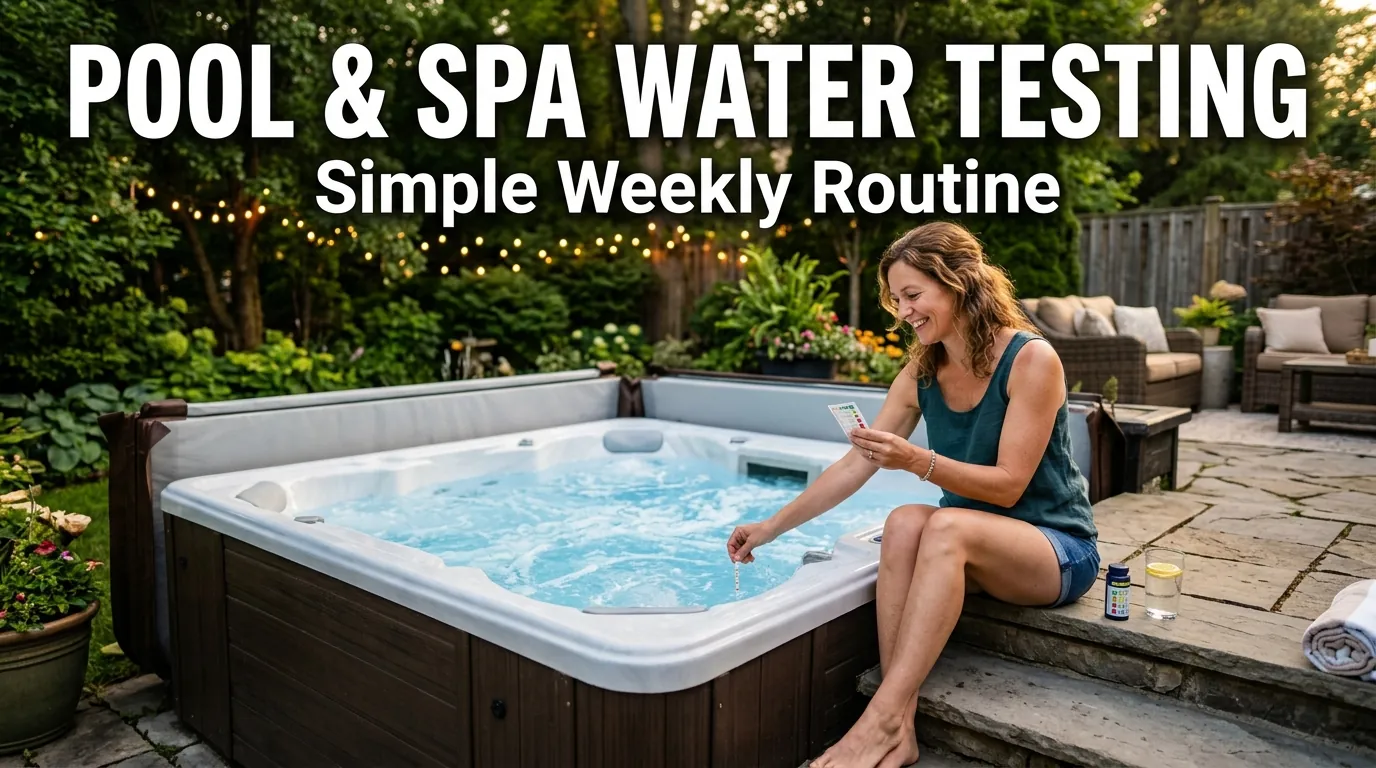 Homeowner testing clean hot tub water on a backyard patio with text about maintaining water cleanliness.