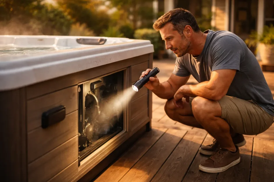 Homeowner inspecting hot tub side panel with flashlight on backyard patio