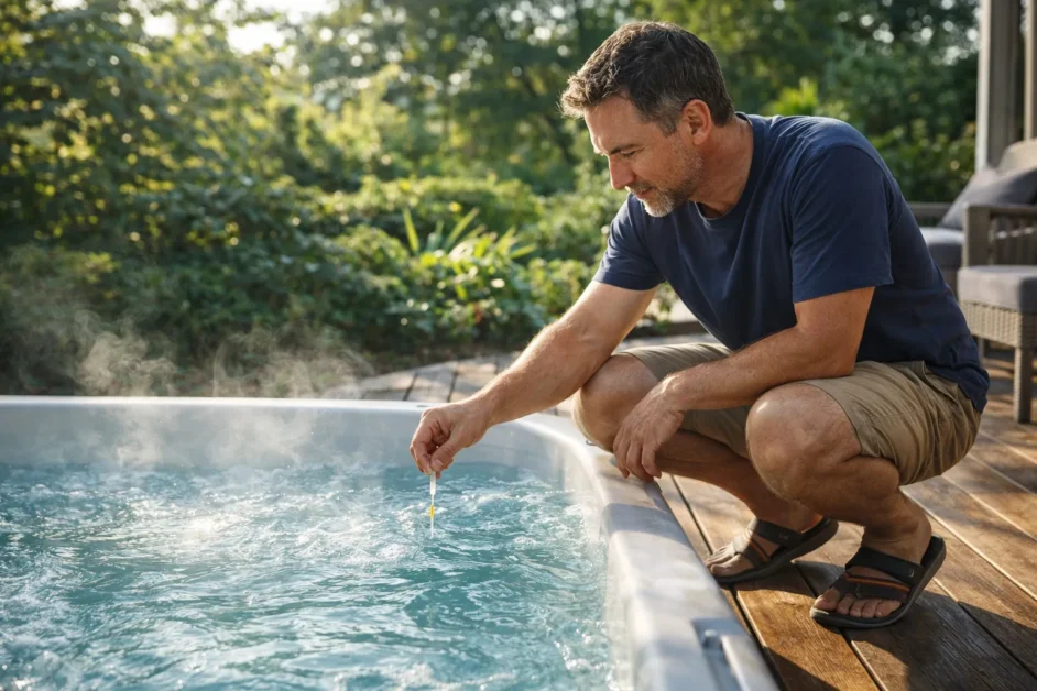 A homeowner in casual weekend clothing crouching beside a bubbling hot tub on a backyard patio, holding a test strip over the water. Morning light, surrounded by green landscaping.