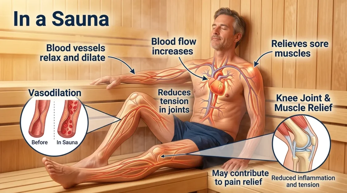 Is It Good to Have a Sauna Before Bed? 2 A realistic medical-style illustration of a middle-aged man sitting relaxed inside a wooden sauna.