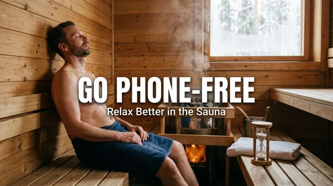 Can You Bring Your Phone in a Sauna? (What Actually Happens + Safer Options) 4 Person relaxing peacefully in a sauna without a phone with a sand timer on a wooden bench