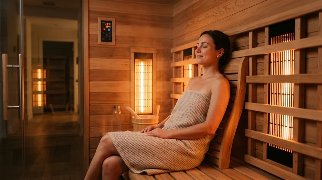 Person relaxing in low EMF infrared sauna with warm lighting and wood panels