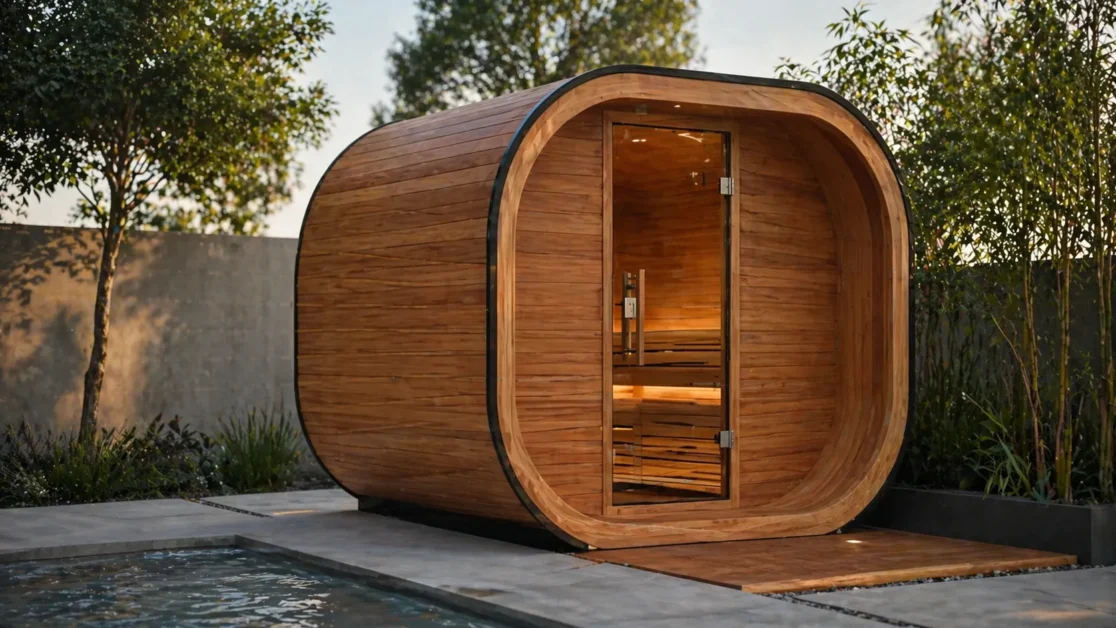 Modern curved pod sauna in minimalist backyard with sleek wooden finish