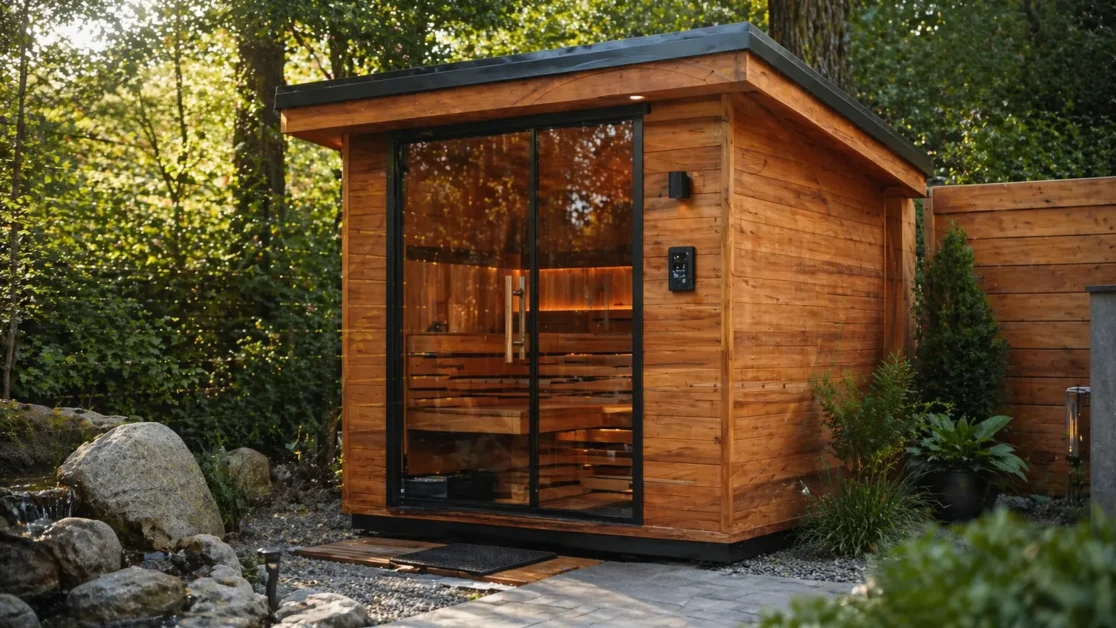 Rectangular wooden outdoor cabin sauna with glass door in backyard setting