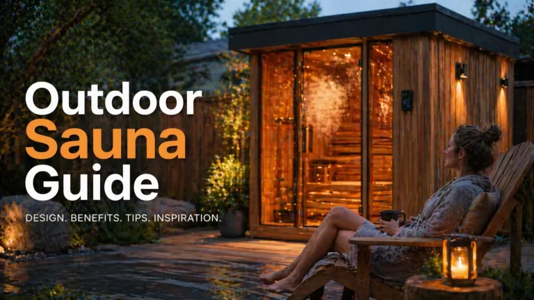 Person relaxing outside modern wooden sauna with steam in cozy evening backyard