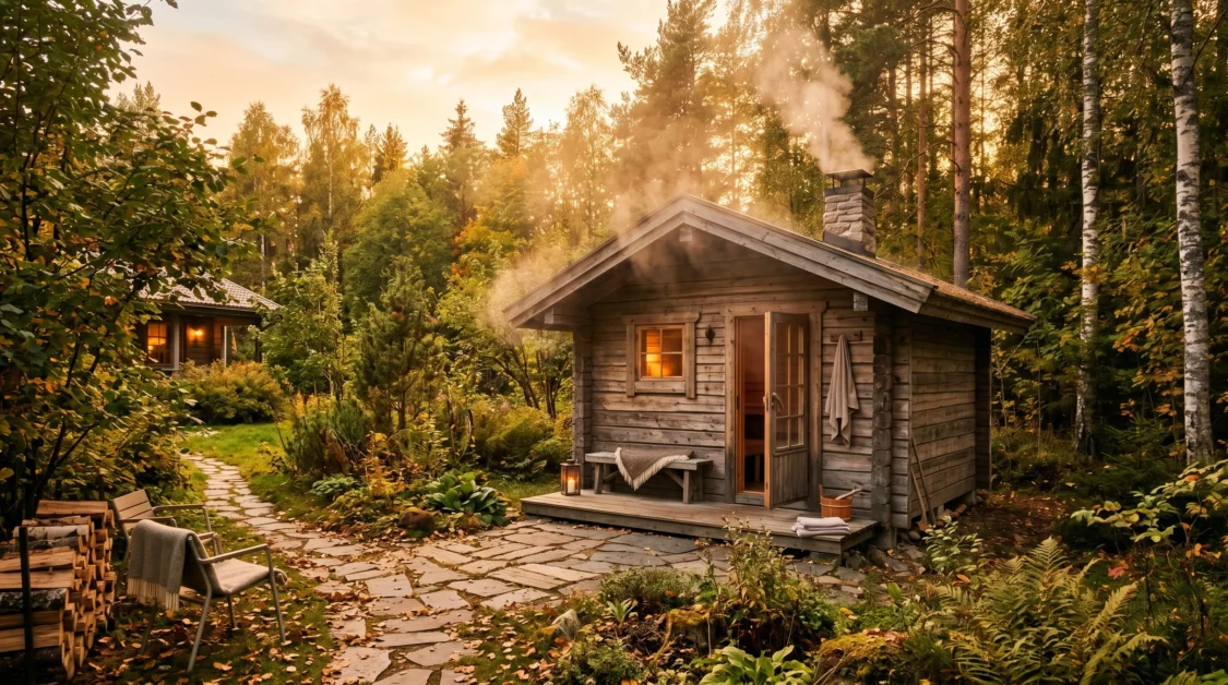 Cozy wooden outdoor sauna in backyard with steam and warm golden sunlight