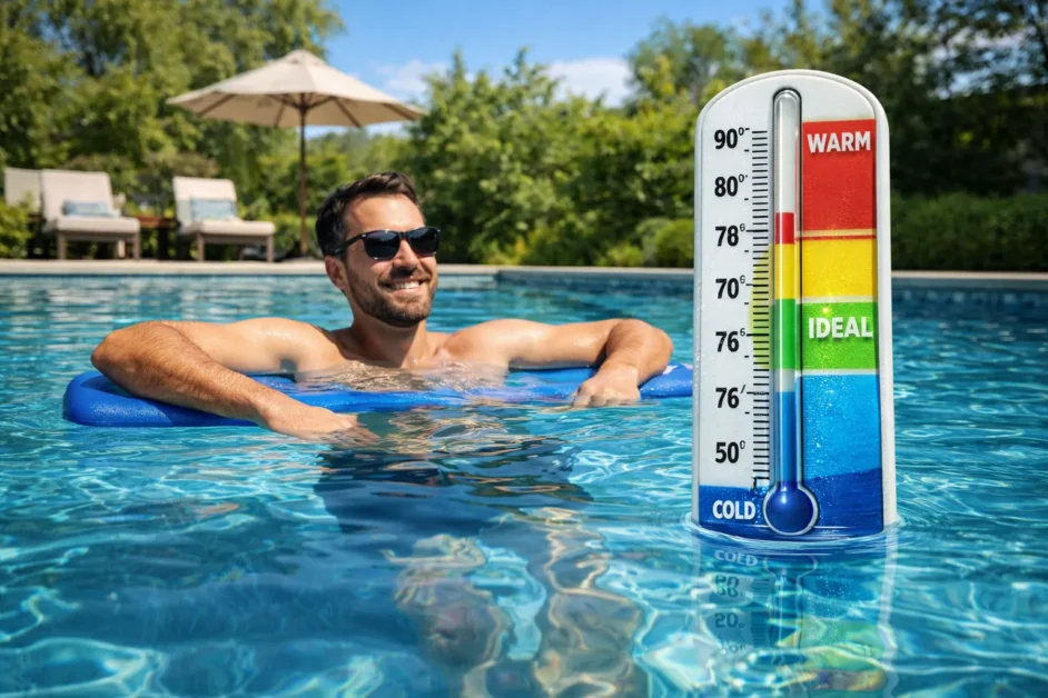 Person relaxing in backyard pool with thermometer showing ideal water temperature range.