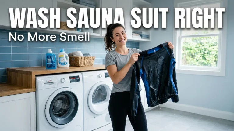Person cleaning a black sauna suit in a bright laundry room with bold guide text overlay.