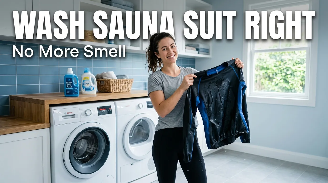 Person cleaning a black sauna suit in a bright laundry room with bold guide text overlay.