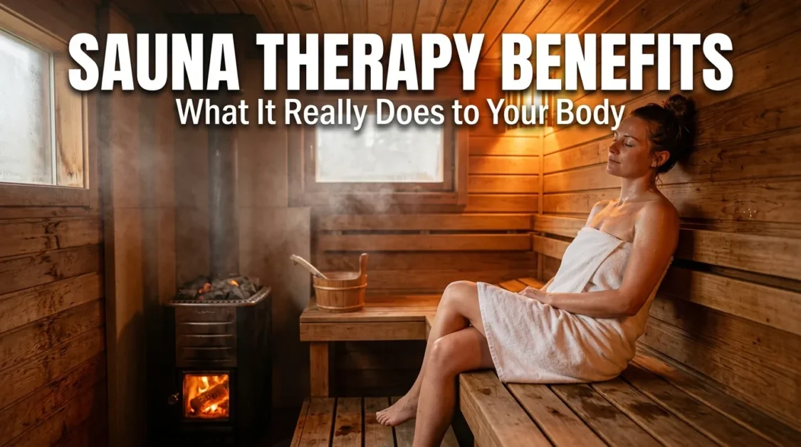 Person sitting in a wooden home sauna with visible steam and bold text about sauna therapy benefits.