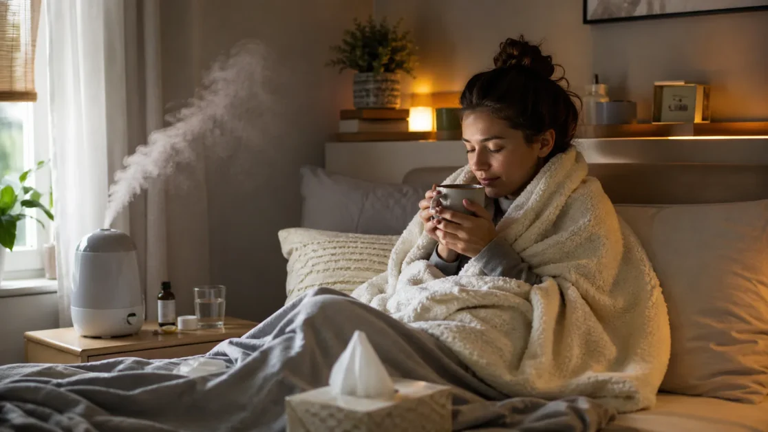 Person resting in bed with tea and humidifier in a cozy room