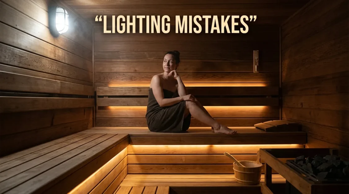 Person inside a wooden sauna comparing harsh bright lighting and soft warm LED glow with text overlay.