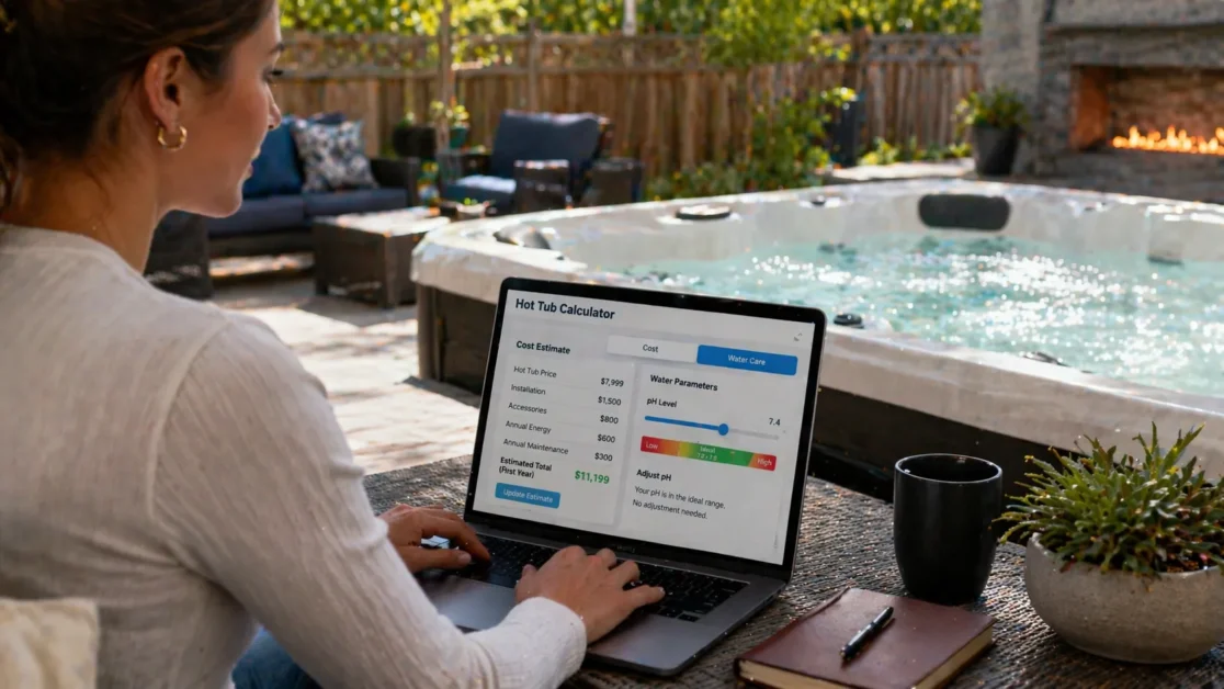Hot Tub Calculator for Cost, Volume & pH Adjustment 1 A woman using a hot tub calculator in her home.