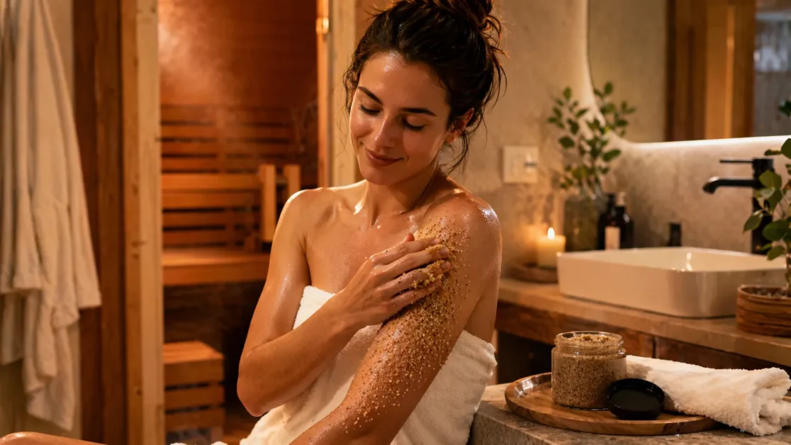 Relaxed person applying body scrub in warm spa bathroom after sauna session