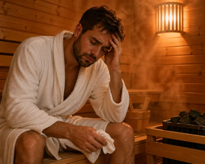 Man in robe sitting in a steamy wooden sauna looking unwell