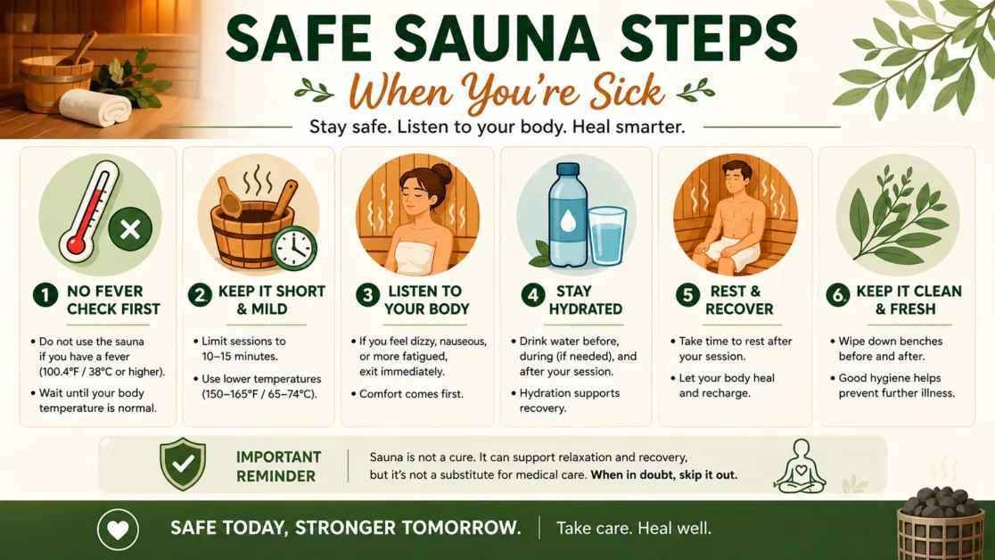 Infographic showing safe sauna steps when sick with hydration, short session, and no fever icons