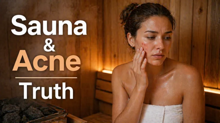 Woman in wooden sauna touching face with concerned expression and warm lighting