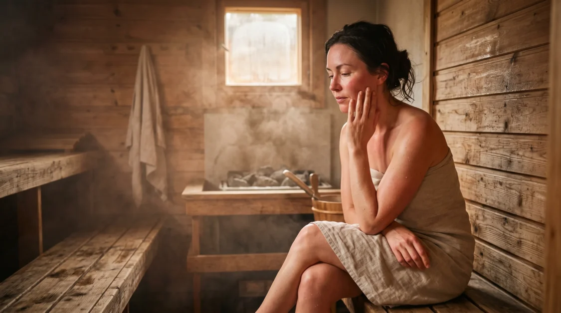 Woman in sauna touching face with steam and warm lighting