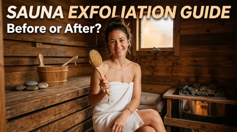 Woman using exfoliating brush before sauna session in a wooden home sauna with text overlay guide.