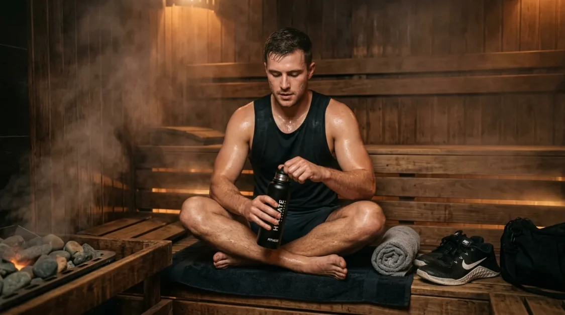 A man sitting in a wooden sauna preparing for a workout