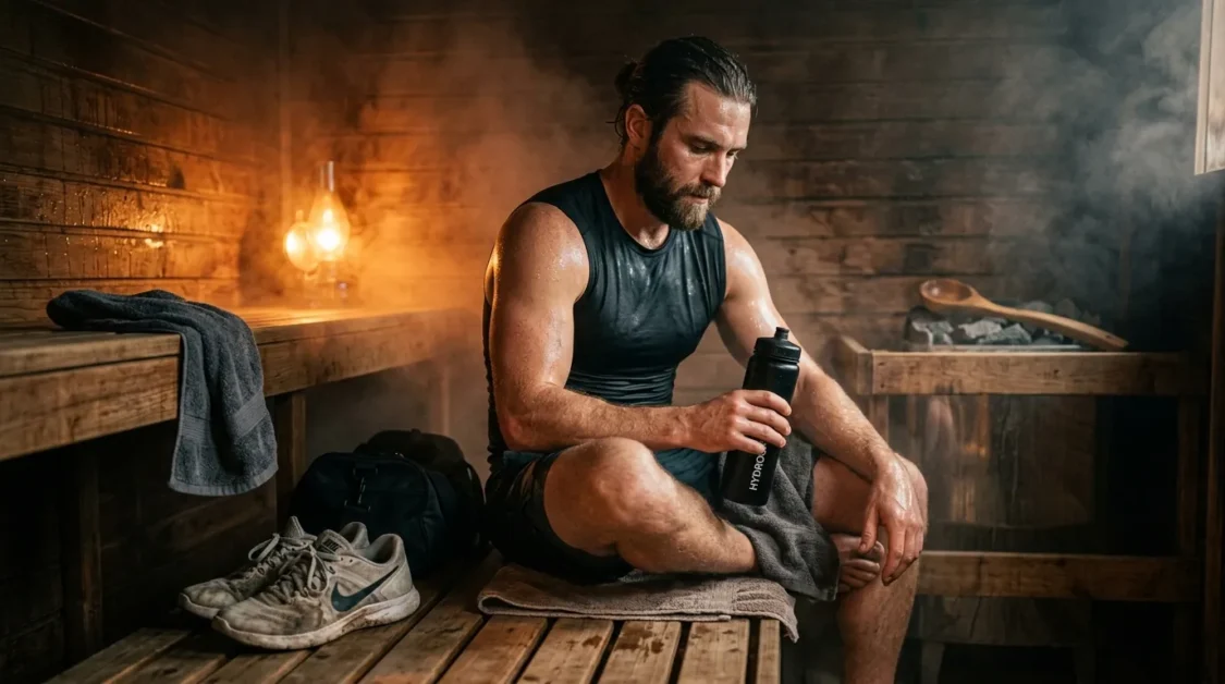 Person relaxing in a sauna before workout with towel and water bottle nearby