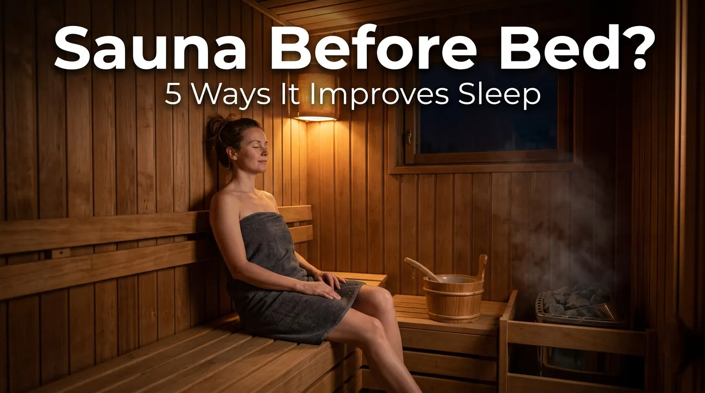 Person relaxing in sauna with text overlay about sauna before bed and improving sleep