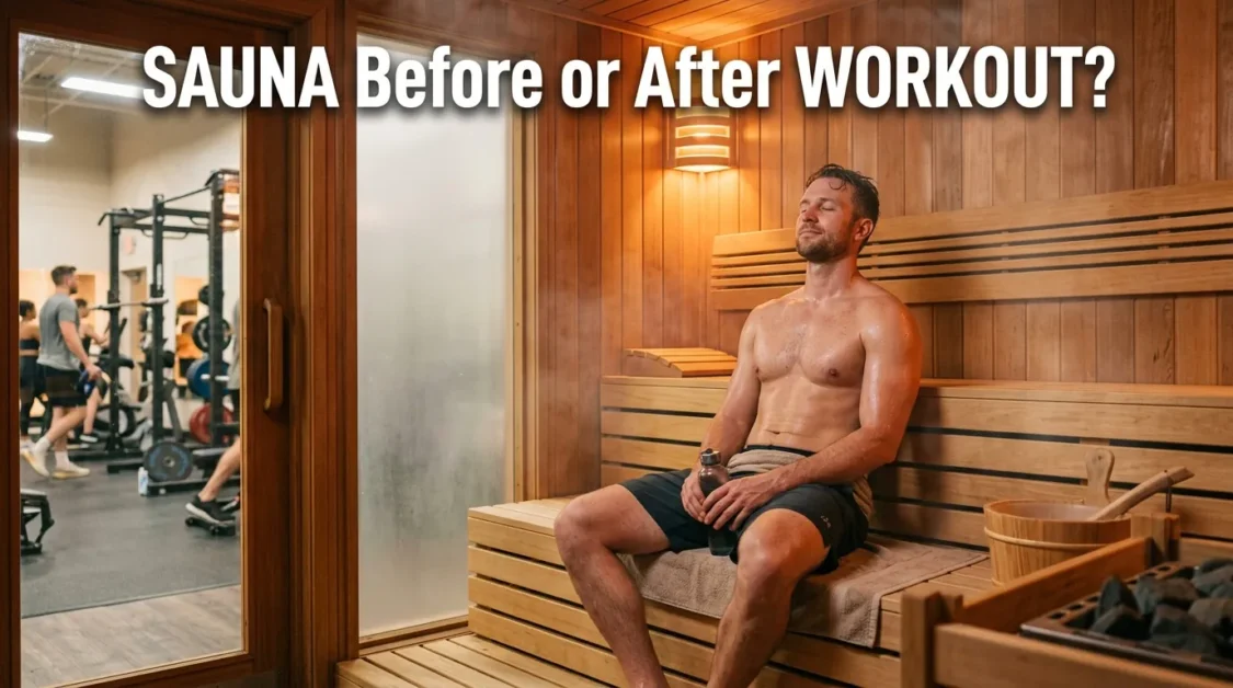 Man sitting in a wooden sauna after a workout with visible steam and bold title text overlay.