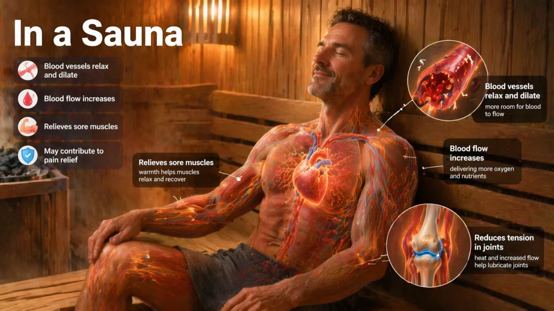 Is It Good to Have a Sauna Before Bed? 4 a middle-aged man sitting relaxed inside a wooden sauna.