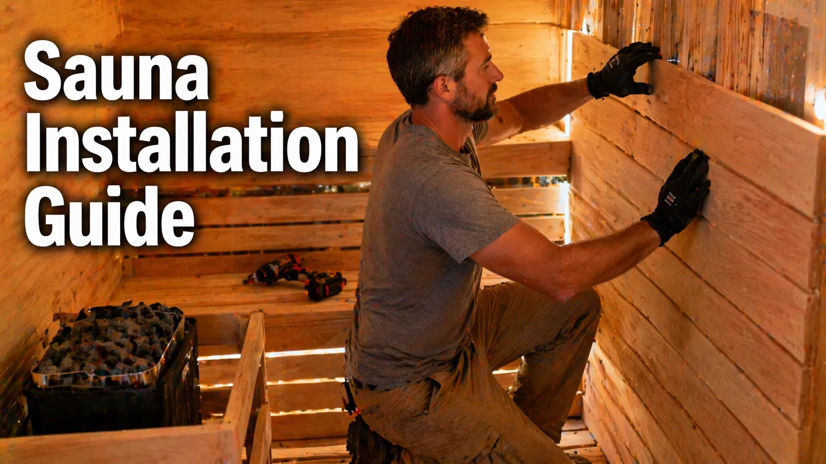 Man installing wooden panels inside a home sauna with heater and tools visible.