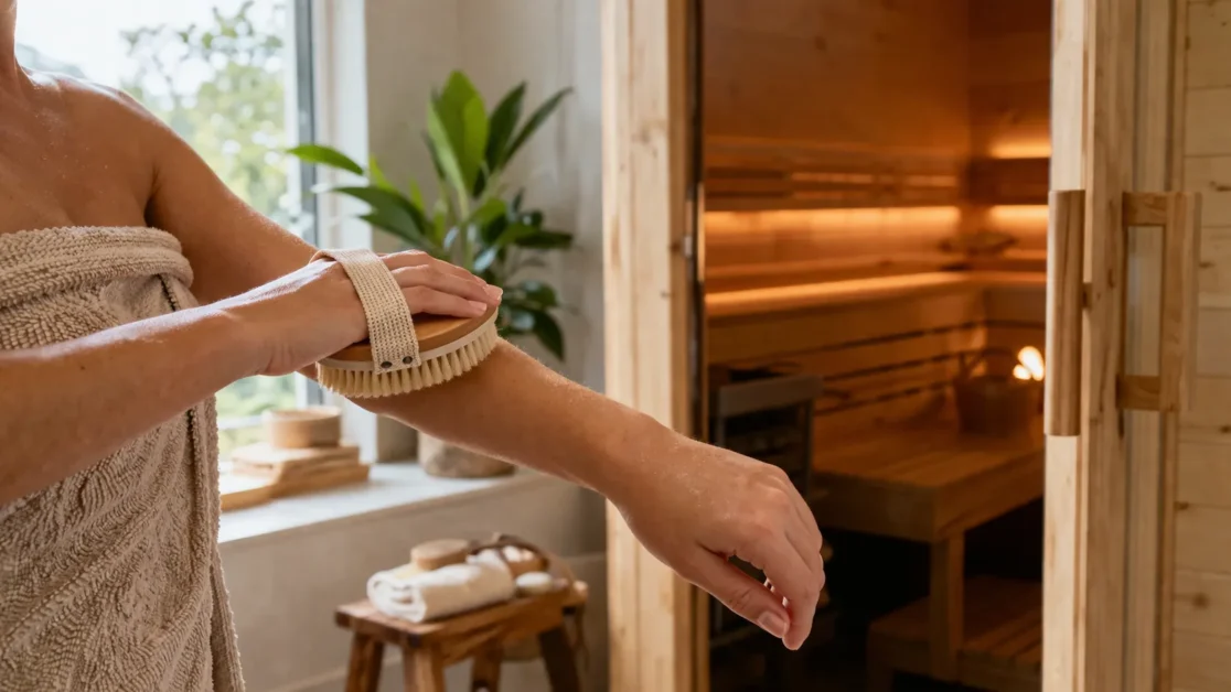 Person dry brushing arm in natural light near wooden home sauna entrance