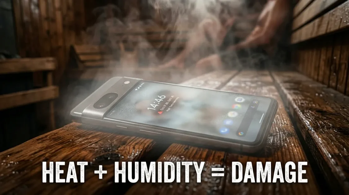 Can You Bring Your Phone in a Sauna? (What Actually Happens + Safer Options) 3 Close-up of a smartphone in a sauna with condensation and moisture forming on the screen and surface