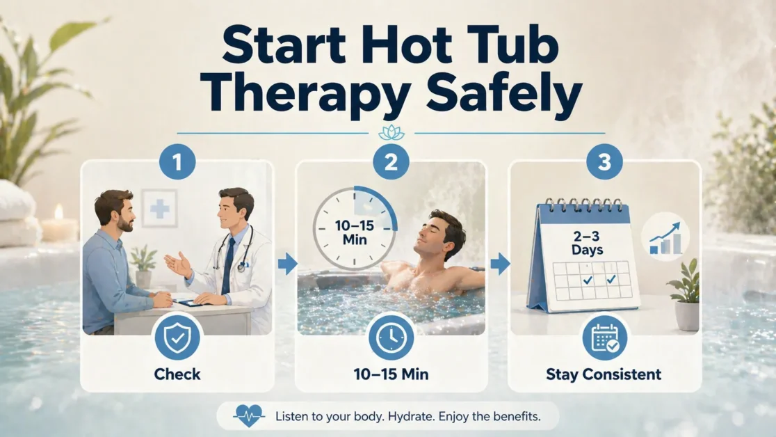 Infographic showing safe steps to start hot tub therapy routine