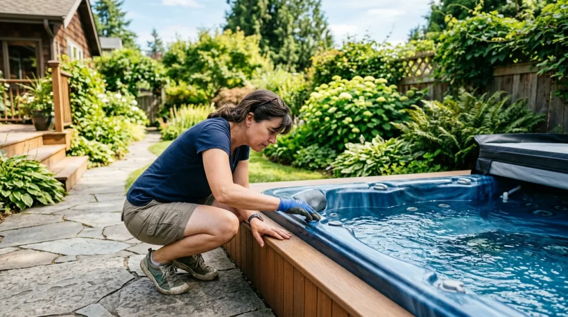 A hot tub owner crouching beside their backyard hot tub, inspecting the shell near the waterline on a sunny afternoon. Warm natural lighting, casual clothing, green backyard surroundings.