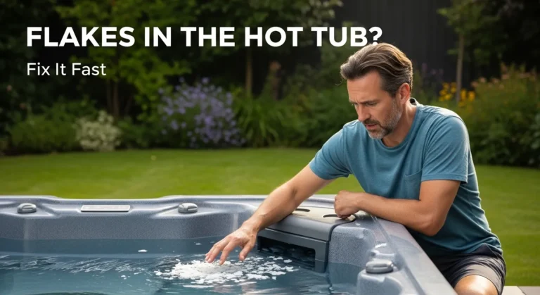 Homeowner inspecting white flakes in hot tub water on a backyard patio with bold title overlay.