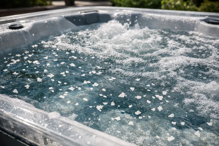 Calcium Flakes in a Hot Tub: Causes, Removal & Prevention 5 White flakes floating in bubbling hot tub water under bright sunlight outdoors