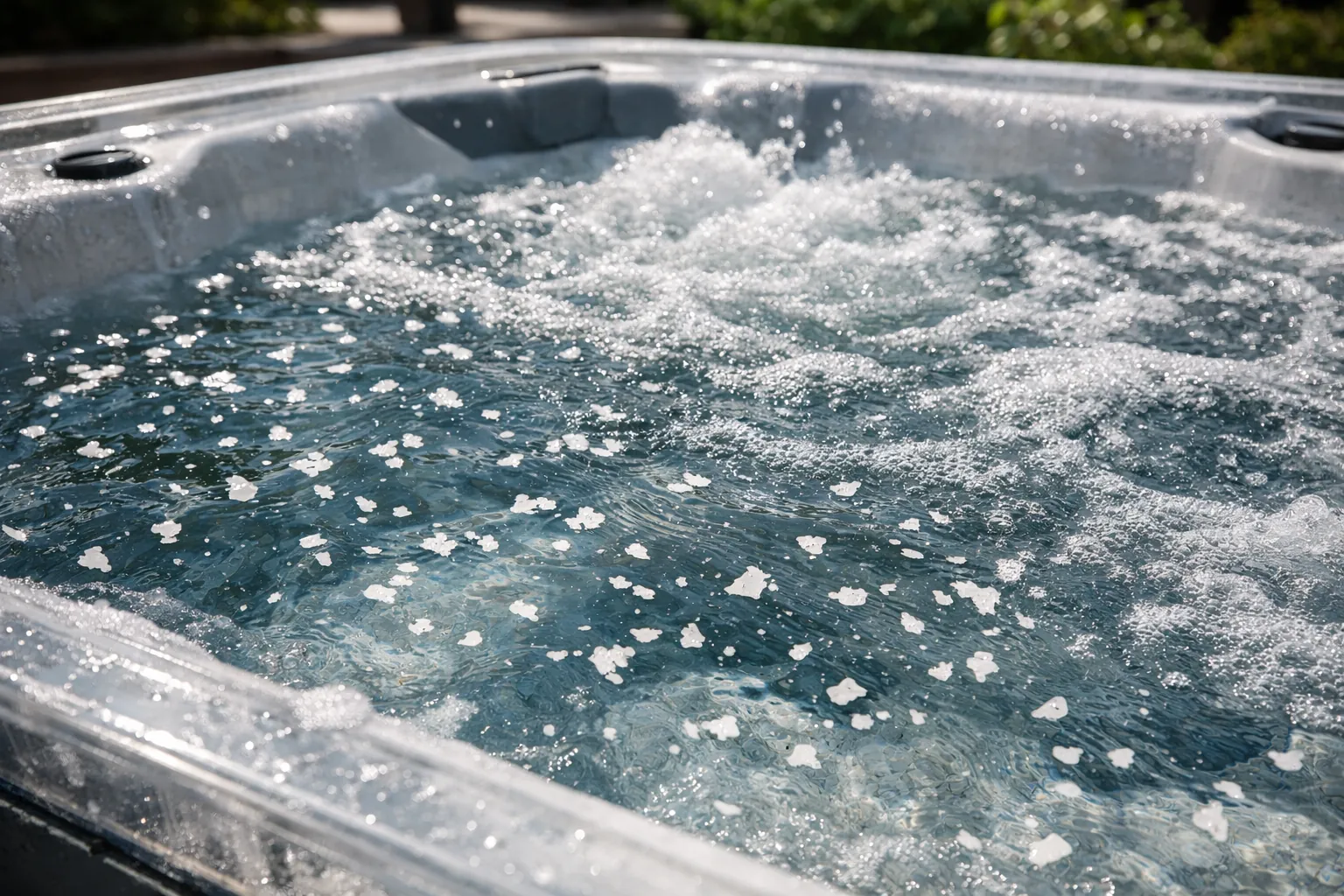 Calcium Flakes in a Hot Tub: Causes, Removal & Prevention 1 White flakes floating in bubbling hot tub water under bright sunlight outdoors