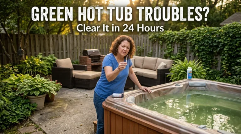 Homeowner testing green hot tub water on a backyard patio with visible green tint and test strip