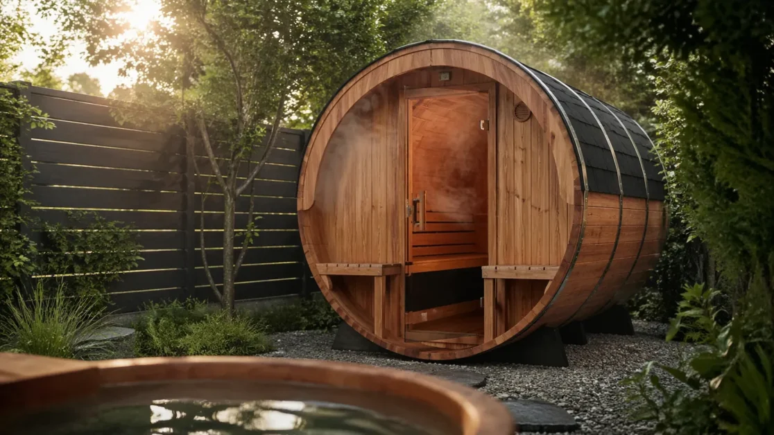 Wooden barrel sauna in backyard garden with light steam and soft daylight