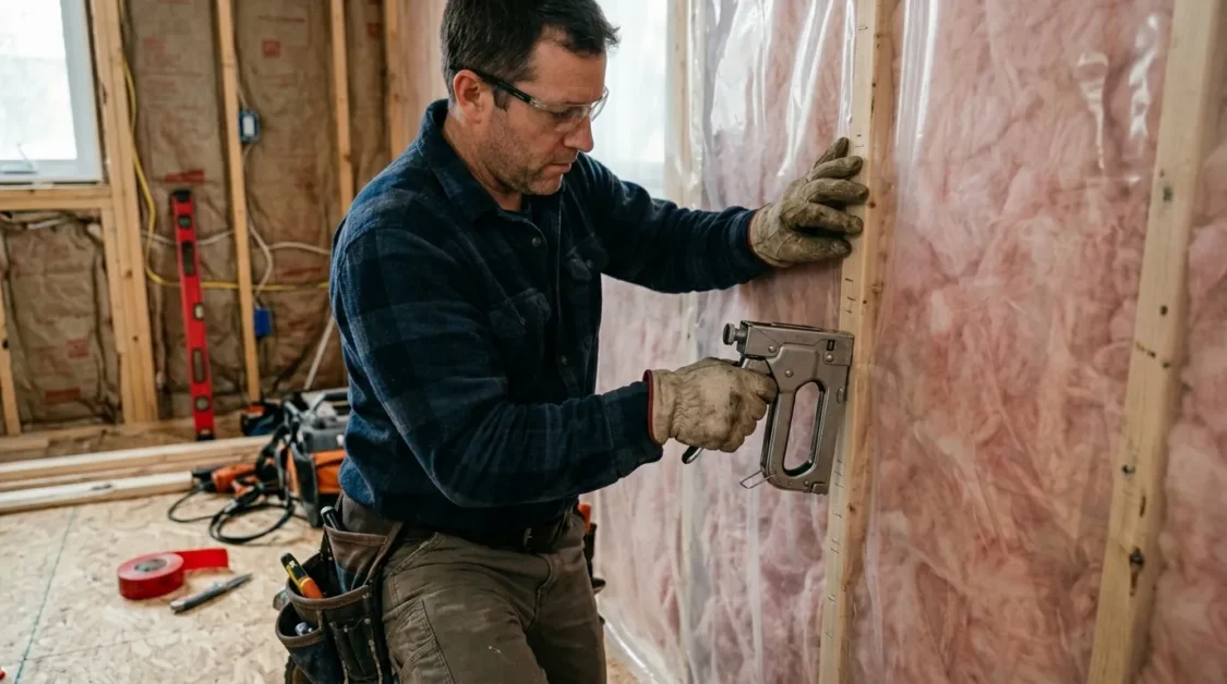 Worker installing plastic vapor barrier over wall insulation inside home framing.