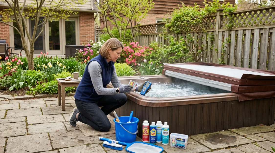 A homeowner checking hot tub water on a backyard patio during spring maintenance with cleaning supplies nearby.