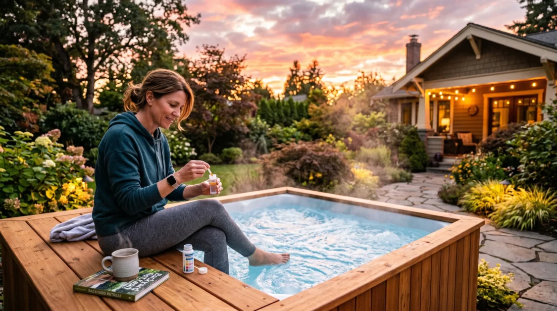 A homeowner testing hot tub water with strips while relaxing beside a backyard spa during sunset.